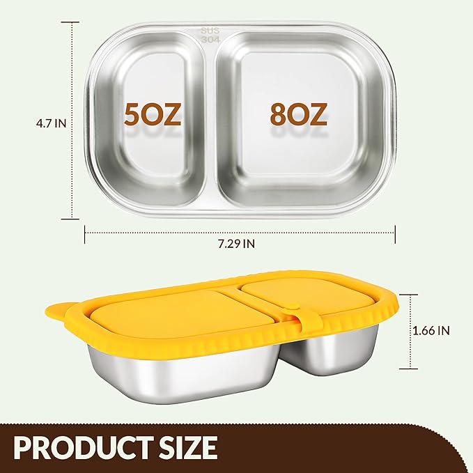HI-REEKE 13 OZ Stainless Steel Snack Containers with Lids, 2 PCS Reusable Double Compartments Metal Snack Packs for Sauce