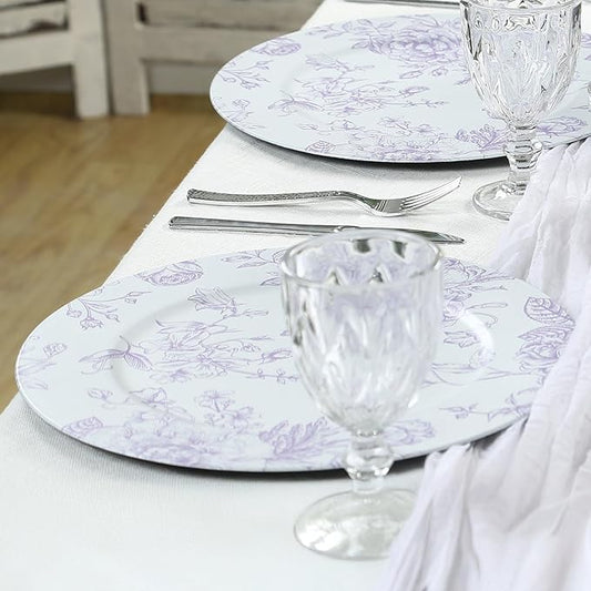 Efavormart 6 Pack Floral Acrylic Charger Plates in French Toile Pattern, Matte Lavender and White Round Dinner Charger Event Tabletop Decor - 13"