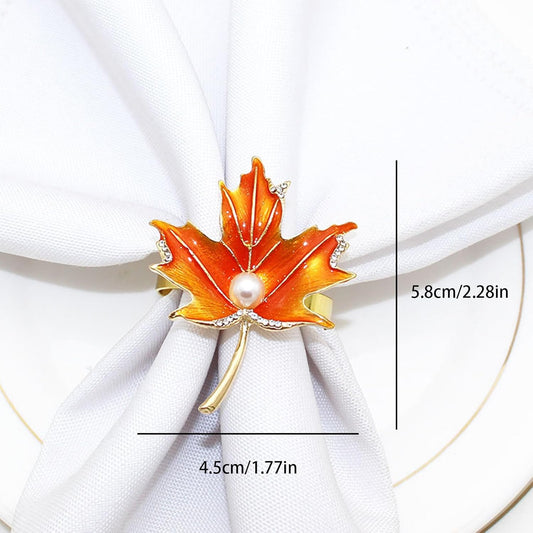 8Pcs Maple Leaves Napkin Rings, Fall Metal Napkin Rings Holder Maple Leaves Serviette Buckle Holder Autumn Pearl Maple Leaf Napkin Buckle for Harvest Season Thanksgiving Fall Decoration