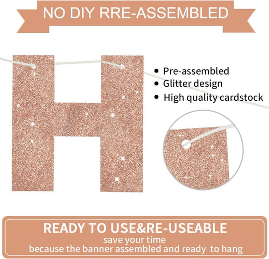 BEISHIDA Rose Gold Happy Birthday Banner - Pre-Strung,No DIY,Party Decorations - Happy Birthday Sign - Bday Banner for Women, Kids for Birthday Decor, Backdrop