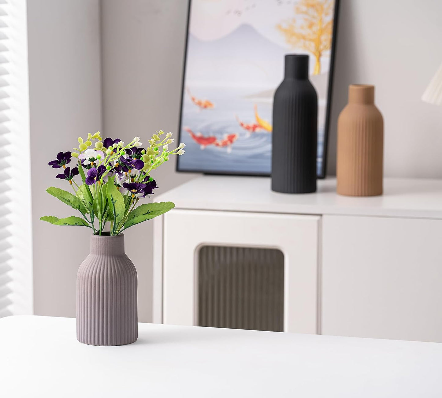 Ceramic Vase Set of 3, Modern Minimalist Ribbed Small Flower Vase Table Centerpiece Decorative for Home Decor Farmhouse Christmas Colorful