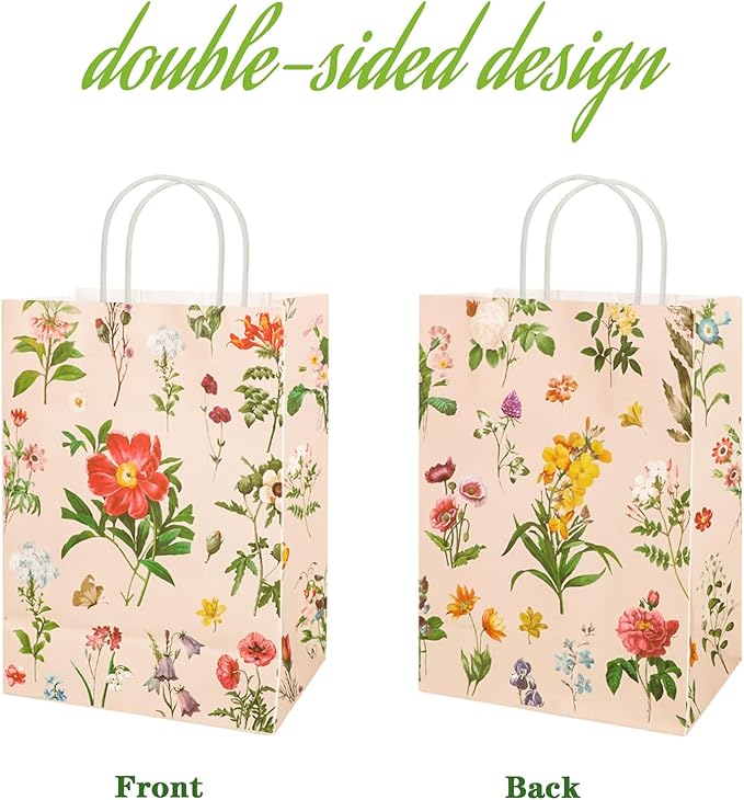 Konsait 16 Pack Floral Gifts Bags, Vintage Style Small Floral Gift Bags with Handle, Kraft Paper Flower Party Favor Bags for Wedding Birthday Bridal Shower Engagement and More