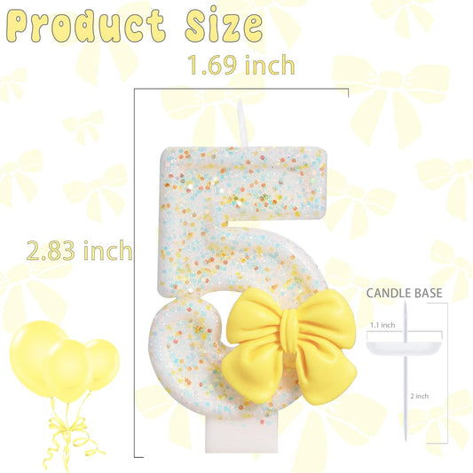 Birthday Candle for Cake, Yellow Bow Cake Candles, Cake Topper Decoration for Birthday Party (Number 5)