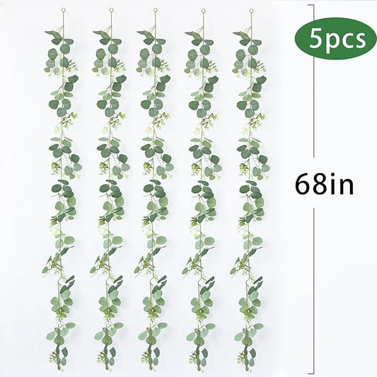 mizii 5 Packs 340" Artificial Vines Eucalyptus Garland Fake Vine with Silk Leaves Green Garland Faux Hanging Plants Greenery Decoration for Room Table Centerpieces Wedding Decor (Eucalyptus)