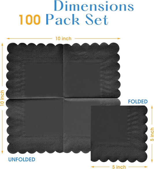 100 Pack Cocktail Napkins, 3-Ply Scalloped Edged Wedding Napkins Folded 5 x 5 Inches Dessert Napkins, Disposable Napkins for Dinner Birthday Party Bridal Anniversary Baby Shower Reception (Black)