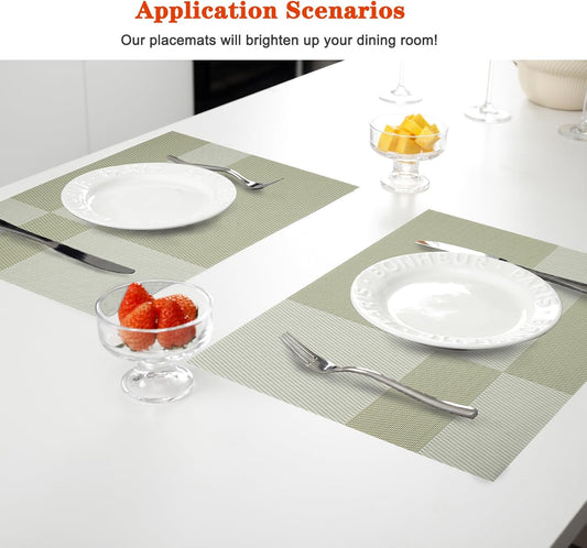 Placemats Set of 12,Washable,Heat and Stain Resistant Indoor/Outdoor Place mats,Vinyl Woven Non Slip Table Mats for Restaurant Table Protection,PVC Placemats(Green, 12PCS)