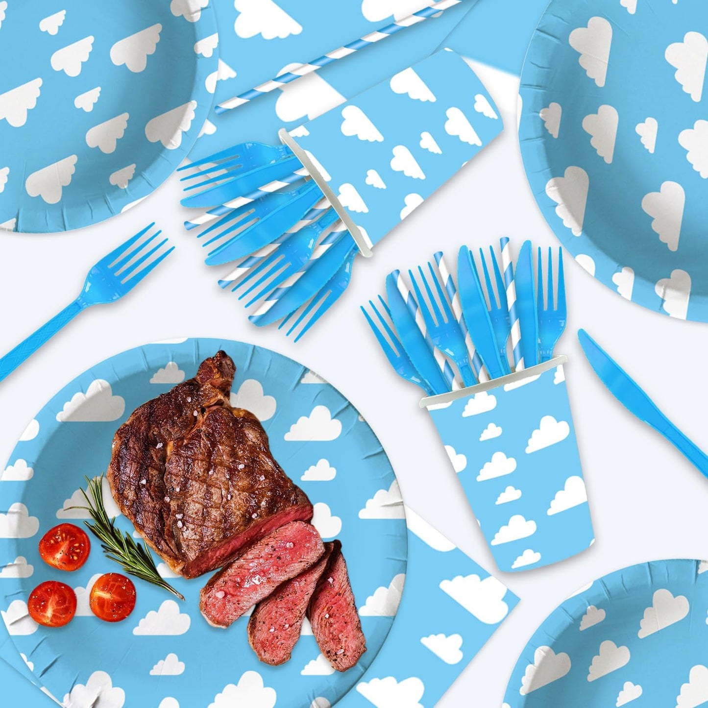 141pcs Blue Sky White Clouds Party Decorations,Cartoon Story Party Disposable Tableware Includes Dinner Paper Napkin Cup Knife Fork Straws Tablecloth Toy Inspired Story Supplies set