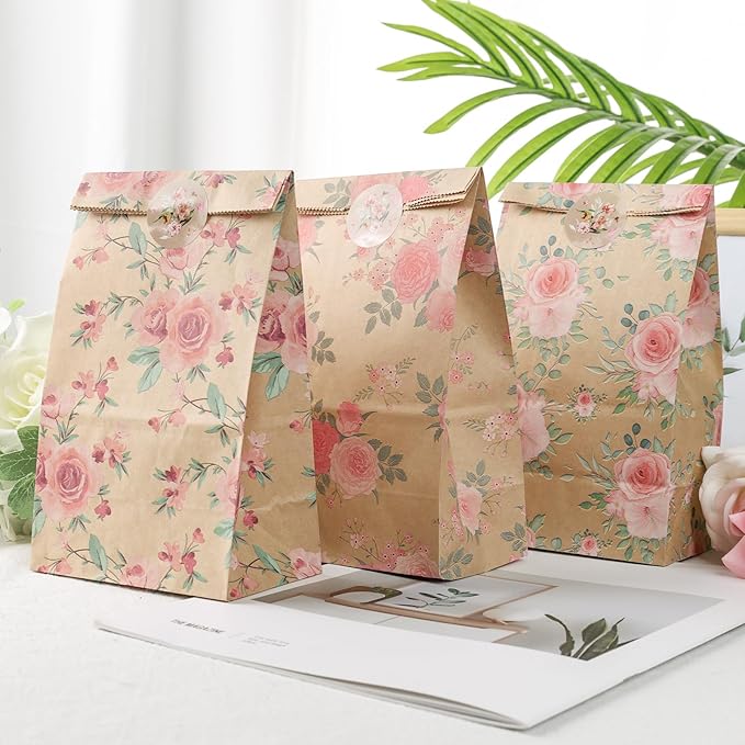 VGOODALL 54 Pack Inch Gift Bags with Stickers, 4.7x3.1x8.7 Inch Floral Party Favor Treat Bags for Wedding Baby Shower Birthday Bulk Gift Packaging Supplies