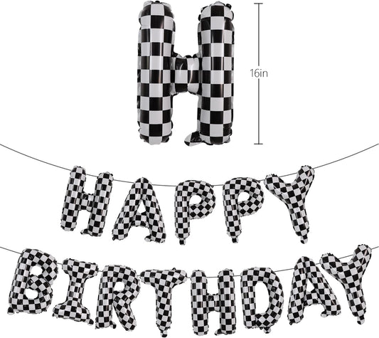 TONIFUL Checkered Happy Birthday Balloons 16 Inch Teal Blue Mylar Foil Letters Birthday Sign Banner Balloon for Girls Boys Kids & Adults Birthday Decorations and Party Supplies