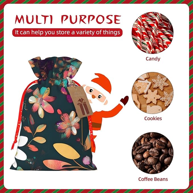 Colorful Boho Floral Printing Christmas Drawstring Gift Bags With Holiday Present Xmas Party Favors Fillers Sacks