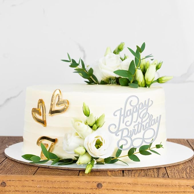 6 Silver Happy Birthday Cake Topper Set: Acrylic Cake Signs, Side Mirror Inserts & Cupcake Accents for Dessert Party Decor