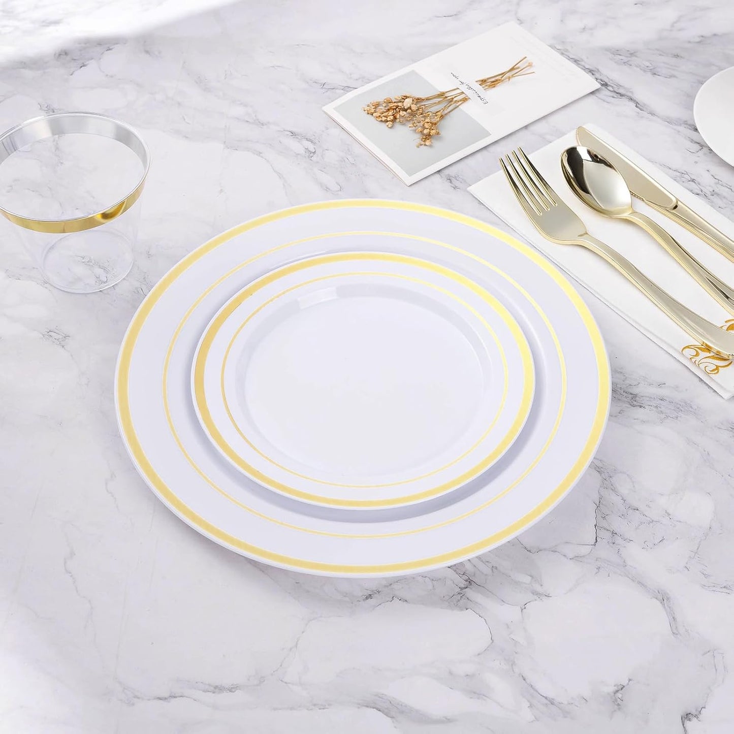 BESTVIP 100PCS Gold Plastic Plate, Disposable Party Plates with 50 Dinner Plates and 50 Dessert Plates, Plastic Plate for Parties, Wedding and Birthday