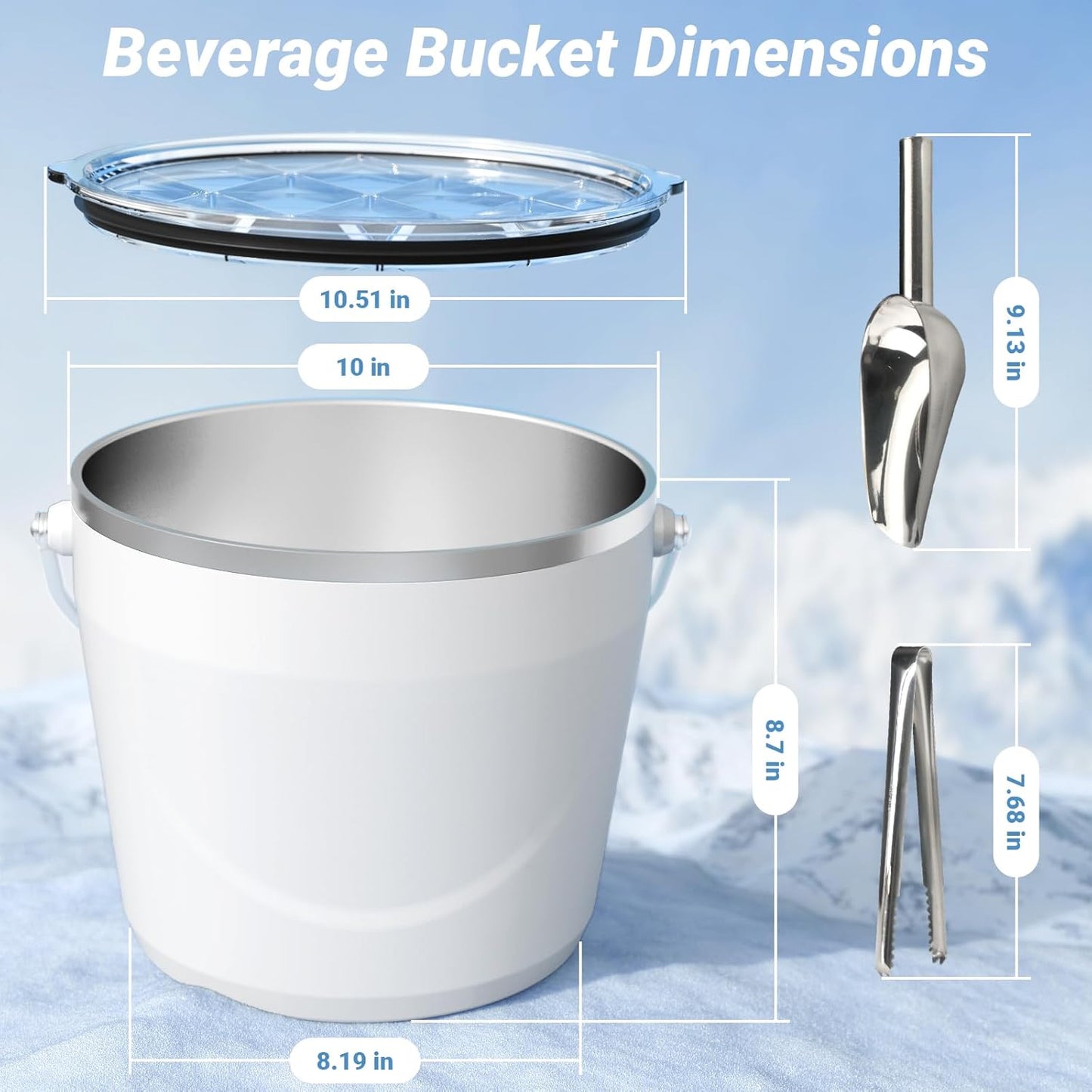 7L Beverage & Ice Bucket with Lid, Stainless Steel, Includes Scoop & Tongs, Holds 6 Beer Bottles or 3 Wine Bottles, Keeps Drinks Cold for Hours, Easy Carry Handle for Parties & Outdoor