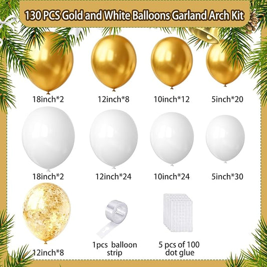 White and Gold Balloons Arch Kit,130pcs Gold and White Balloon Garland,Different Sizes White Latex Balloons for Wedding,Engagements,Birthday,Baby Shower Anniversary Decorations