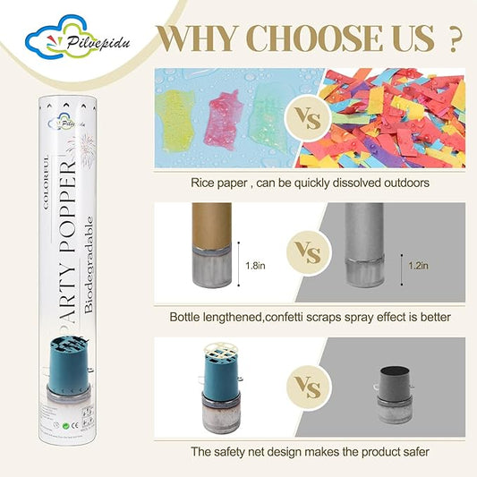 Rice Paper Biodegradable Confetti Cannon,6Pack Biodegradable Mulitcolor Confetti Poppers Party Shooters,12inch Party Poppers For Lawns Wedding,Birthday,Celebrations,Photo Shoots and New Years.
