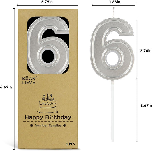 BEAN LIEVE Silver Birthday Candles Number 6, Silver Number Candles, Cake Number Candles for Birthday Parties and Wedding Anniversary Celebrations