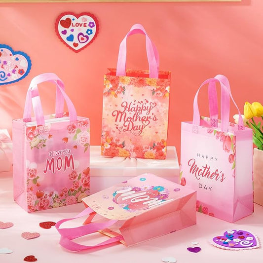 Wesnoy 100 Pcs Mother's Day Gift Bags Bulk with Handle Reusable Floral Non Woven Love Mom Treat Goodie Bags Gift Wrap for Mom Grandma Happy Mother's Day Party Favor Supplies