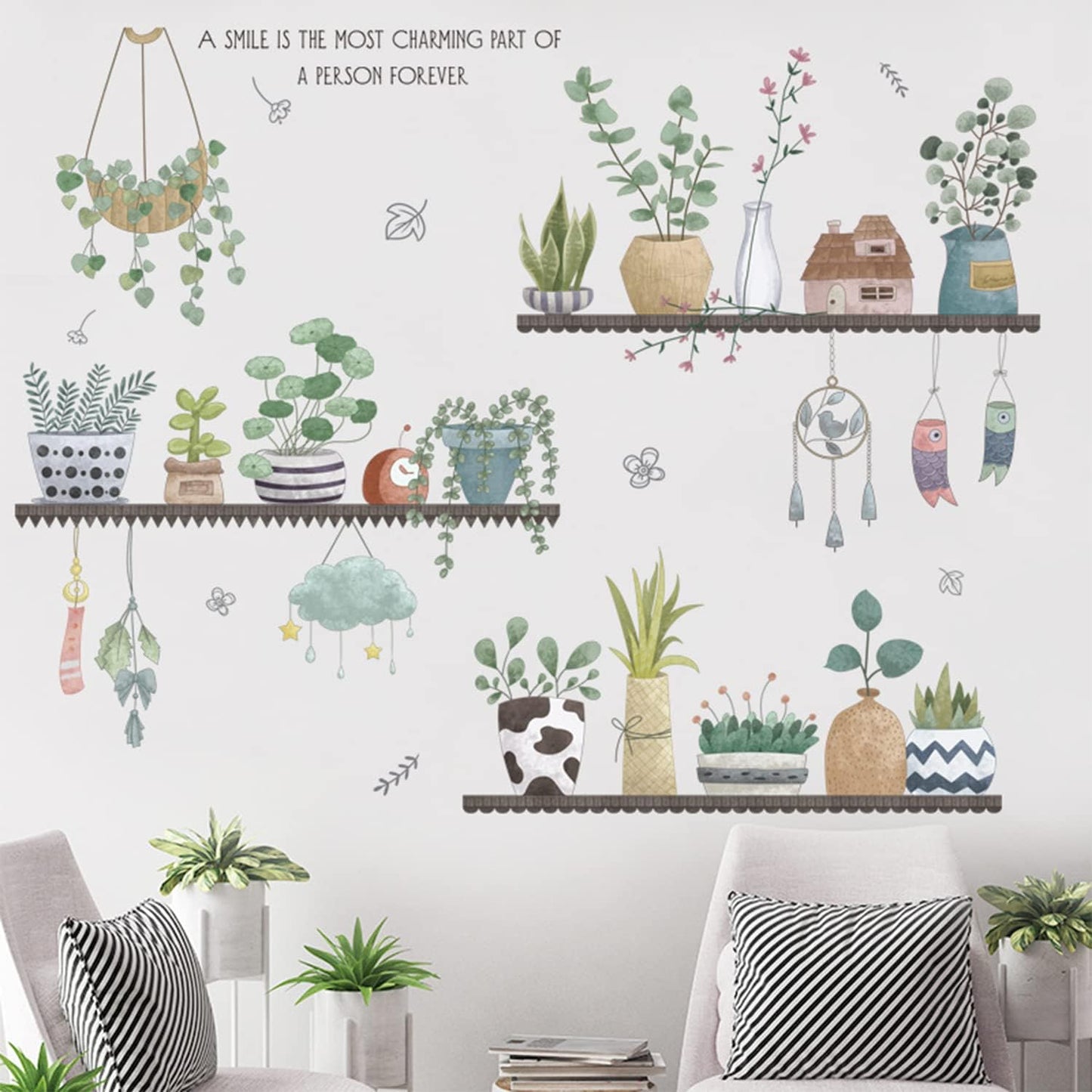 2 Set Plant Wall Decals Kitchen Stickers Decor Murals for Bedroom Living Room Bathroom Art Decal Boho Hanging Shelves Tree Wall Art 3D Peel and Stick