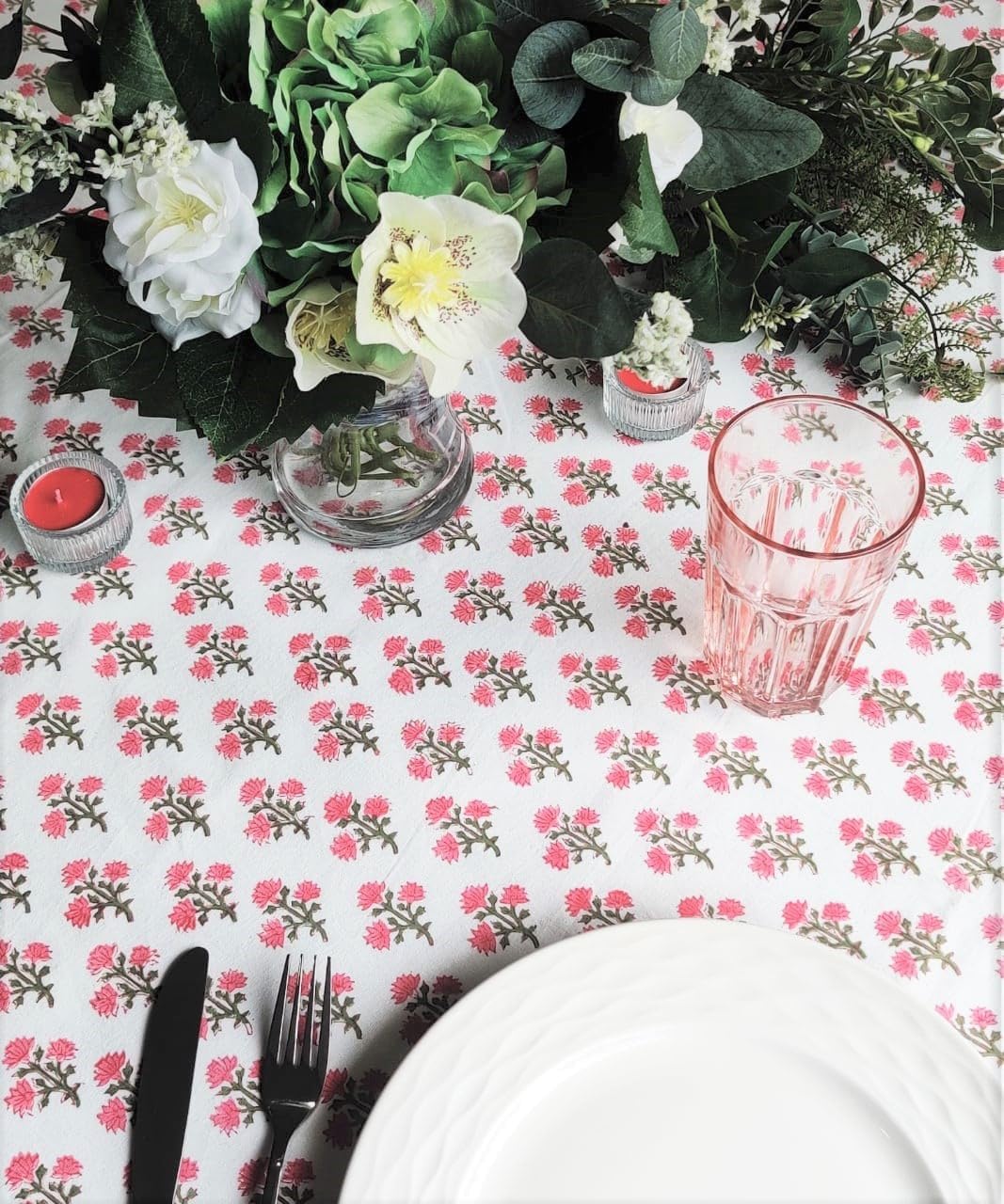 ATOSII Gulbahar White Pink 100% Cotton Fall Rectangle Tablecloth, Hand Block Print Washable Table Cover, Christmas Parties Buffet Dining, Weddings, Thanksgiving, Easter Decor 72 X 140 Inches 12 Seater