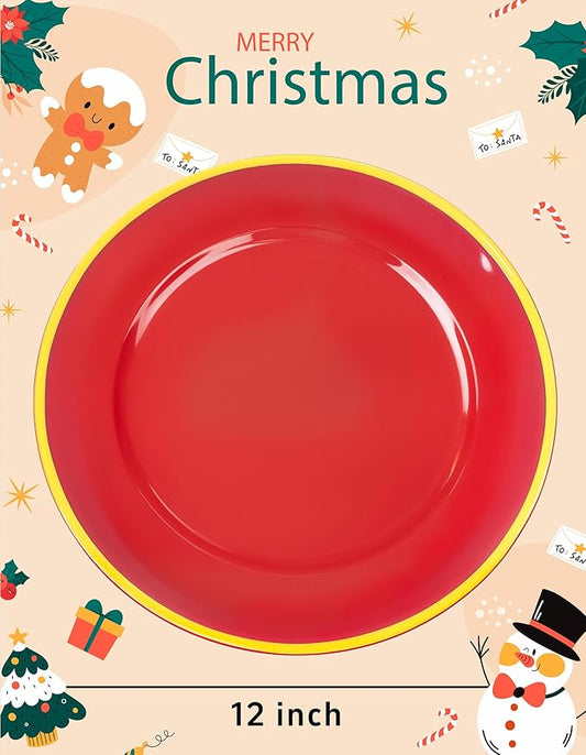 WDF 25PCS Red Plastic Charger Plates - 12inch Red and Gold Chargers for Dinner - Disposable Charge Plates - Perfect for Wedding Baby Shower Spring Birthday Elegant Tabletop Decor