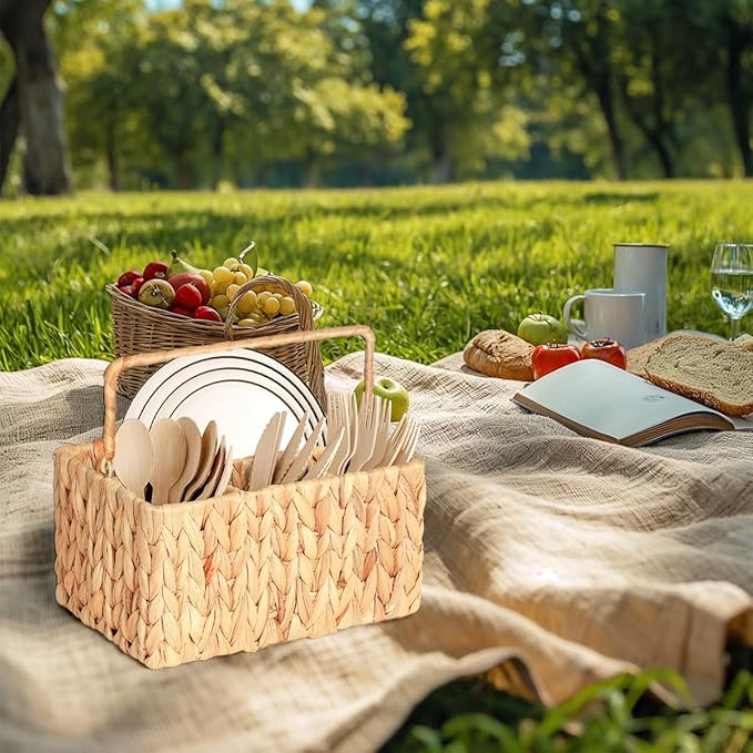 Wicker Flatware Organizer, Water Hyacinth Cutlery Holder, Outdoor Silverware Caddy, Woven Divided Utensil Caddy with Handle, Utensil Holder for Table, Kitchen (Natural Water Hyacinth)