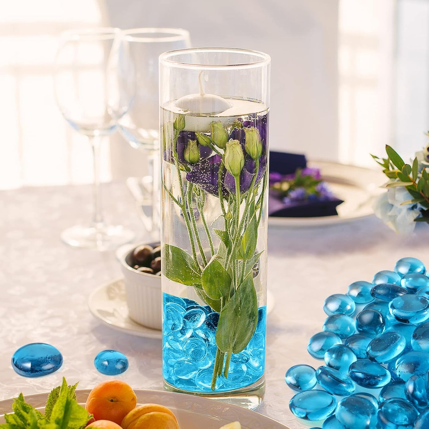 Honeydak 300 Pcs Flat Glass Marbles for Vases Glass Pebbles Floral Fish Tank Rocks for Vases Table Scatter Aquarium Decor (2.4LB) (Blue)