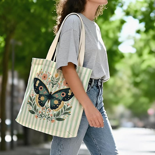 Green Butterfly Floral Tote Bag for Women,Butterfly Canvas Tote Bag for Girls,Green and White Striped Farmhouse Botanical Aesthetic Reusable Shopping Grocery Bags Party Favors