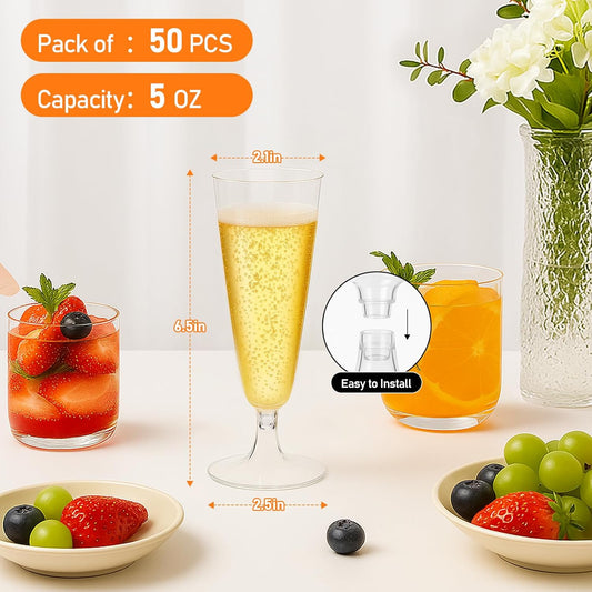 50 Pack Clear Plastic Champagne Flutes, 5 Oz Disposable Champagne Glasses, Unbreakable Acrylic Mimosa Glasses Wedding Cocktail Cups for Engagement Birthday Graduation Party Decorations Supplies