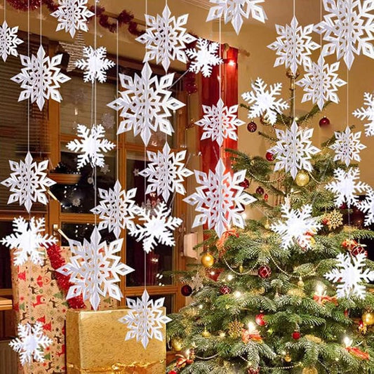 24Pcs Snowflake Christmas Hanging Party Decor Supplies,12 PCS 3D Silver Snowflakes & 12PCS 3D White Paper Snowflakes Hanging Garland for Christmas Winter Holiday New Year Wonderland Party Decoration
