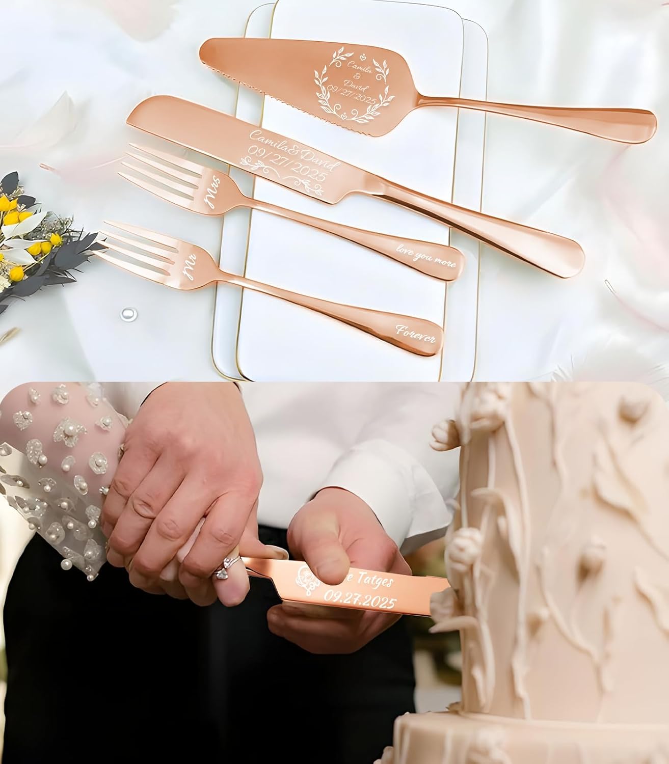 HJX Personalized Wedding Cake Knife and Server Set, Custom Names Cake Cutting Set, Customized Knife and Cake Server Set Gift for Bridal Anniversary Birthday Wedding Registry (Rose Gold)