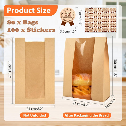 80 Pcs Bread Bags for Homemade, ROOKEA Sourdough Bread Bags with Window for Baked Paper Packaging with Sealing Stickers Bakery Cookie Food Snack Storage Large Kraft Paper 13.7x8.2x3.5 inch