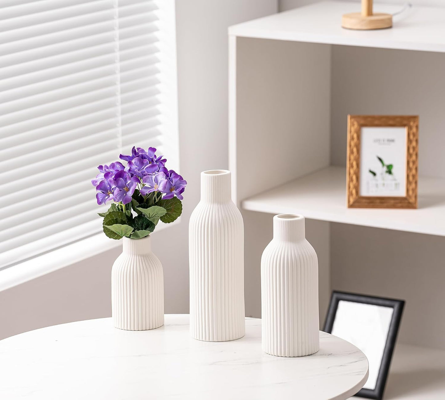 White Ceramic Vase Set of 3, Modern Minimalist Ribbed Small Flower Vase Table Centerpiece Decorative for Home Decor Farmhouse Christmas