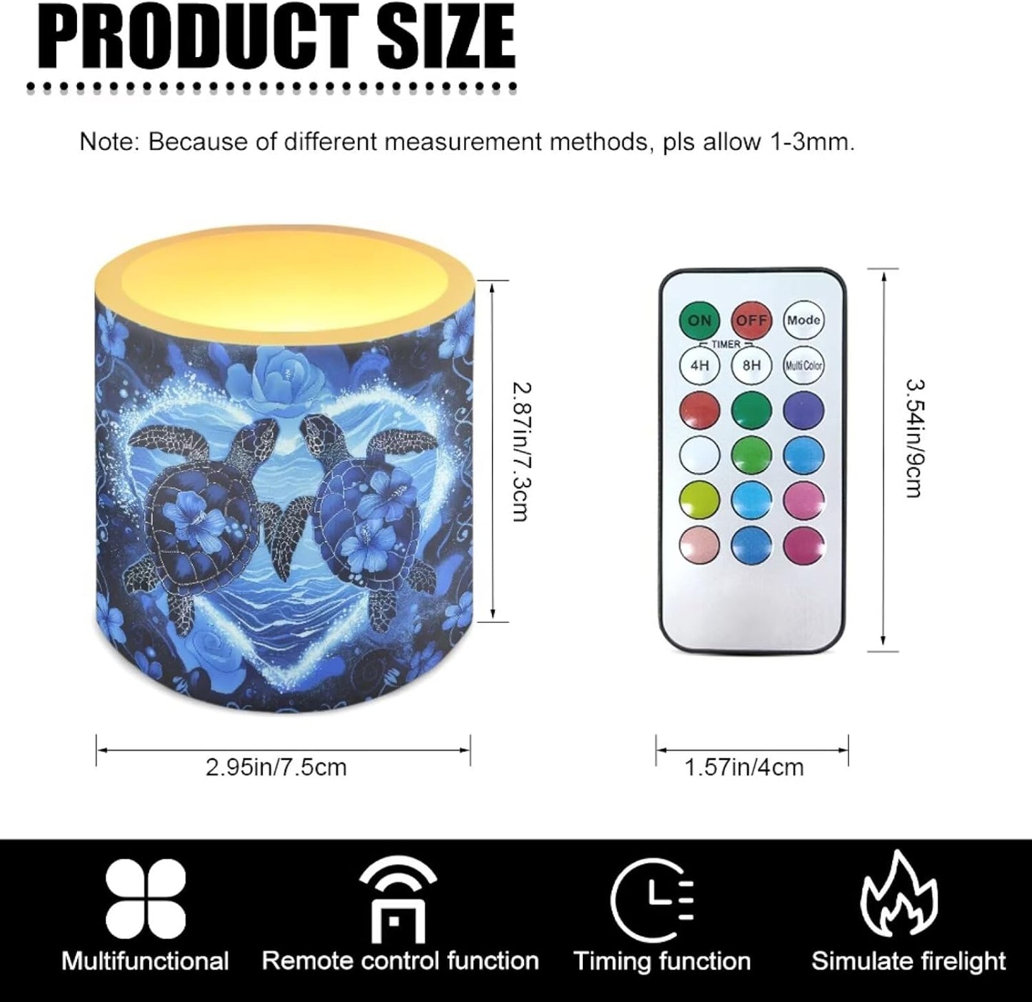 Poceacles LED Flameless Candle Set of 4, Battery Operated Tea Lights with Remote Control, Flickering Effect, Multi-Color Options, Sea Turtle Love Rose Hibiscus Flower Dark Blue