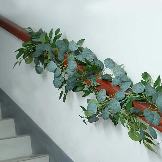 Greentime 2 Pack Greenery Garland Each 6.5 FT Artificial Eucalyptus Garland for DIY Wreath Vine Wedding Arch Stairs Decor