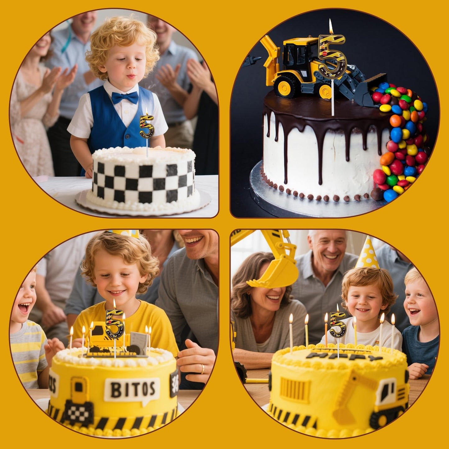 Construction Birthday Number Candles, Yellow & Black Striped Cake Topper Building Theme Party Decorations for Graduation Anniversary Celebration (Number 5)