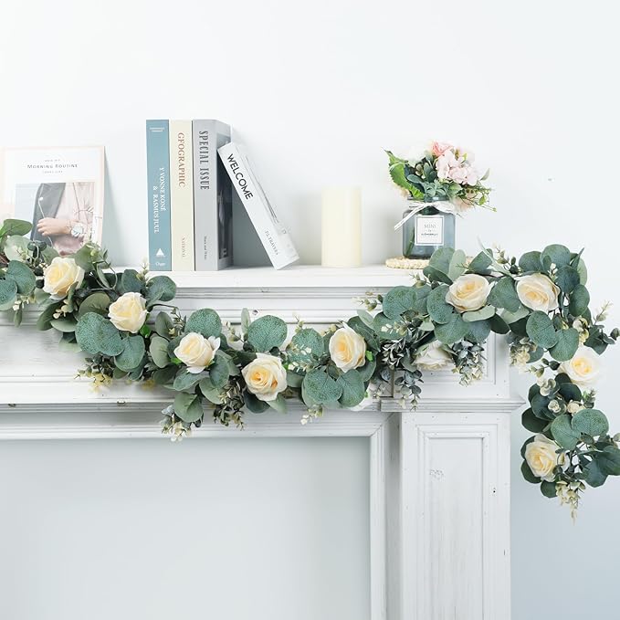 Ouddy Decor Eucalyptus Garland 6.56 Ft Lush Silver Dollar Leaves Boxwood Artificial Faux Greenery Vines for Baby Shower Wedding Party Table Runner Room Home Mantle Decor, Champagne