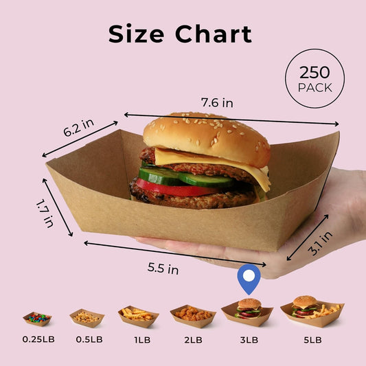 Fit Meal Prep [250 Pack 3 lb Paper Food Boats Heavy Duty Disposable Food Trays, Kraft Brown Nacho Tray for Parties Fairs Picnics Carnivals Holds Tacos Nachos Fries Hot Dogs Grease Resistant