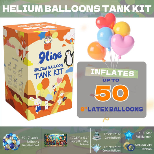 Helium Tank for Balloons At Home, 13L Helium Balloon Pump Kit with 50 12-Inch Navy Blue Balloons, 6 Foil Balloons, 1 70.87 * 43.3IN Backdrop,6 Blue&Gold Curling Ribbon and Balloon Tie Tool