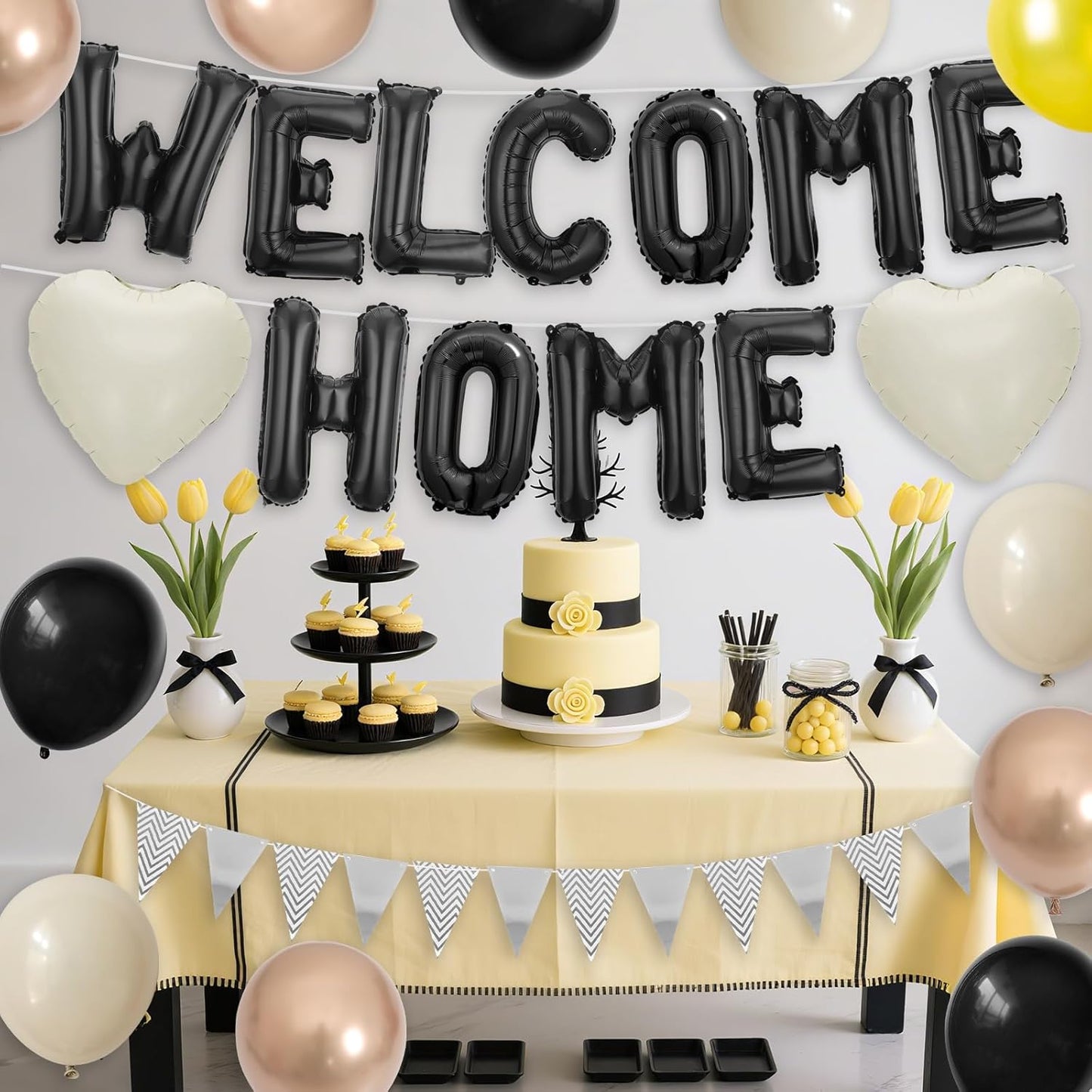 Welcome Home Decorations Black White Gold,Black Welcome Home Foil Balloon Banner with Sand White Heart Balloons Pennant Flag Bunting for Housewarming Baby Shower Family Party Supplies