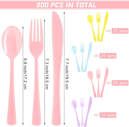 300 Pieces Pastel Plastic Silverware Heavy Duty Plastic Cutlery Set Heavyweight Disposable Utensils Includes Spoons Forks Knives for Birthday Wedding Dinner, Macaron Colors