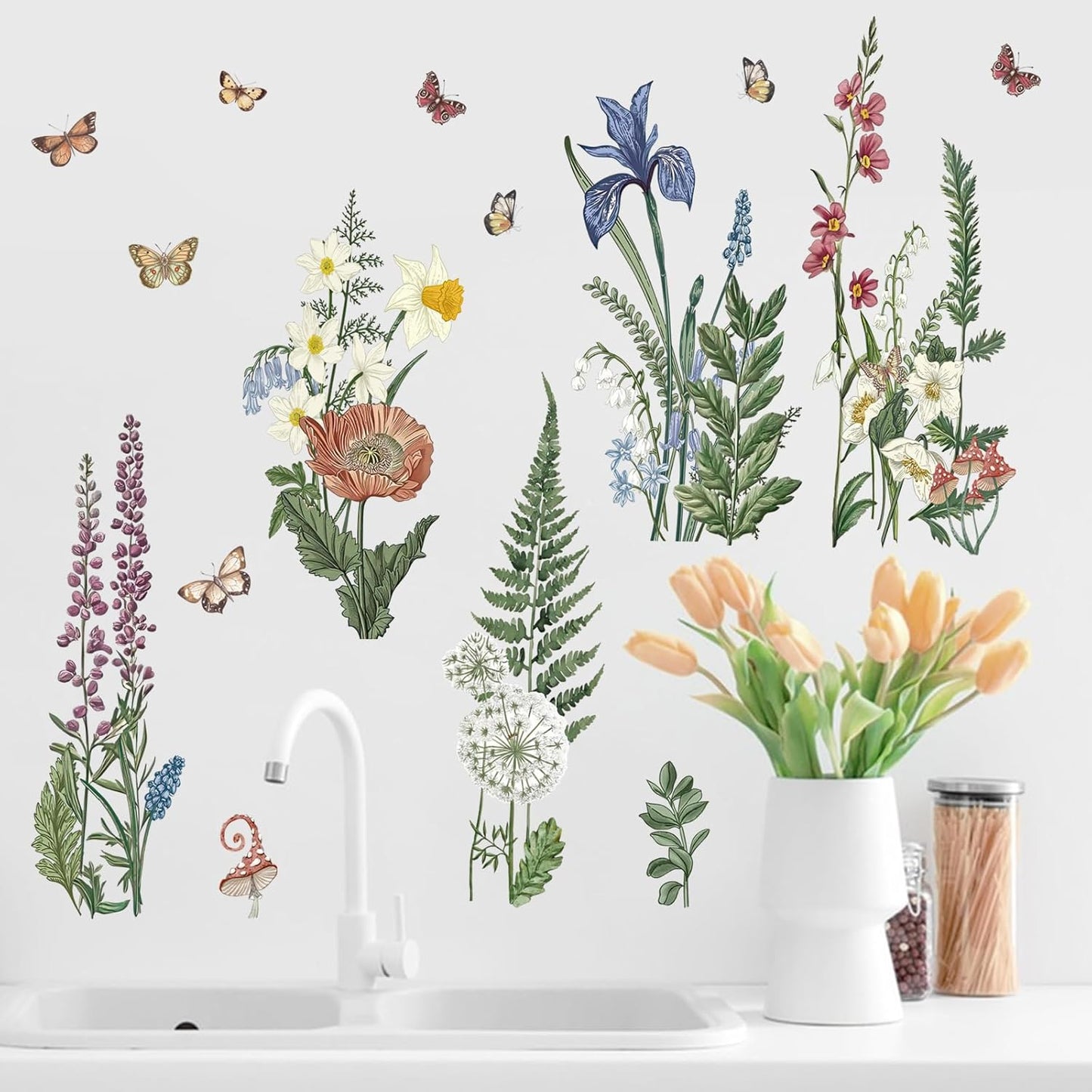 Yovkky Spring Summer Flower Fern Plants Wall Decals Stickers, Natural Botanical Floral Butterfly Home Bedroom Decor, Plant Wildflower Seasonal Living Room Kitchen Decorations Art