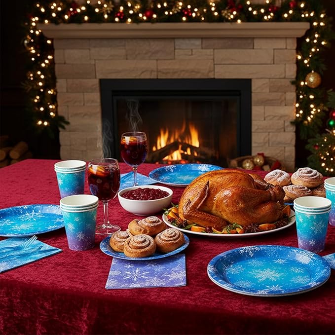 Winter Snowflake Paper Plates and Napkins Set, 194 Pcs Frozen Birthday Decorations Party Supplies, Winter Wonderland Disposable Tableware Includes Tablecloths, Banner, Cups and Cutlery, Serves 24
