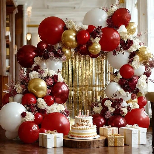 Red White Gold Balloon Arch Double Stuffed Burgundy Red Gold Pearl White Balloon Garland Kit Wine Latex Balloons for Moster's Day Birthday Wedding Engagement Graudation Party Decorations