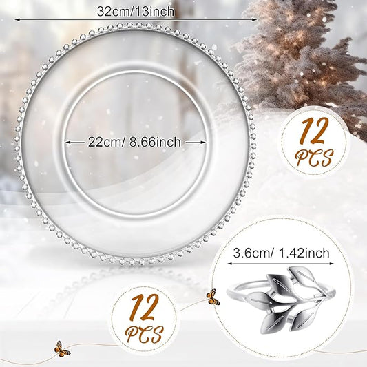 Bokon 12 Set Clear Charger Plates Bulk 13 Inch Beaded Plastic Charger Plates with Napkin Rings Acrylic Round Dinner Table Decorative for Party Wedding Thanksgiving(clear and Silver, 12)
