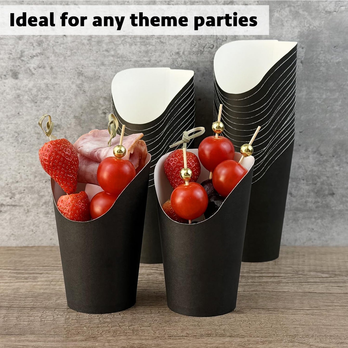 CAMKYDE 50 Charcuterie Cups + 200 Cocktail Picks + 56 Labels, 12 oz Disposable Charcuterie Cups with Sticks (2 Types), French Fry Cups Brown Paper Appetizer Cups for all Occasions(Black)