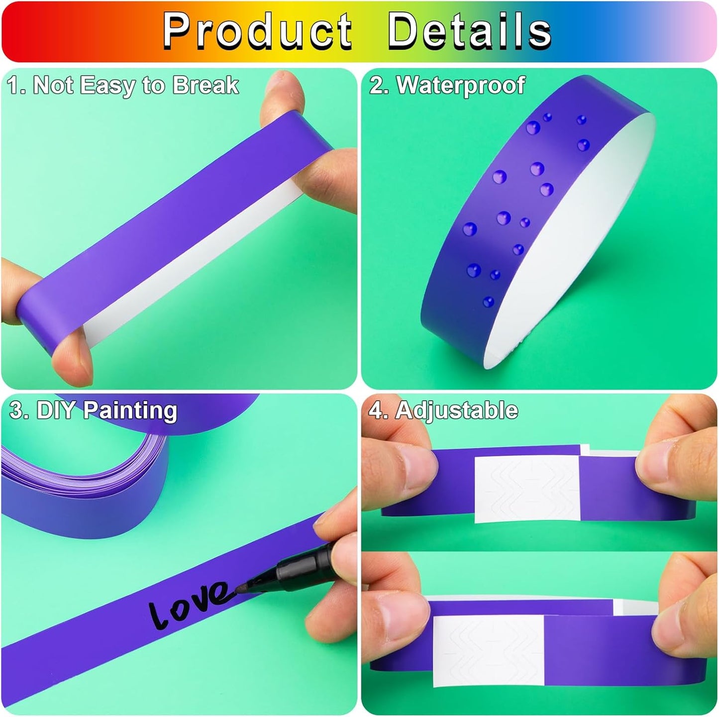 1200 Pcs Plastic Paper Wristbands for Events Neon Color Wrist Bands Concert Identification Wristbands Paper Bracelets Wristbands Party Hand Bands (Purple)