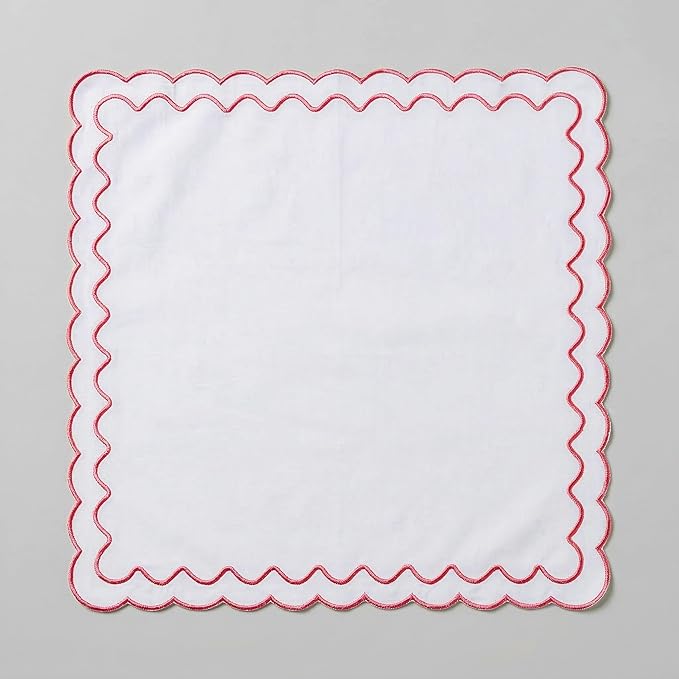 FINGERCRAFT Cloth Napkins, Everyday Use Dual Scallop Embroidery Design, Premium Quality Natural Cotton Napkin Set of 6 Perfect for Parties Dinners Weddings Easter Napkin Cloth 20x20 inch White/Pink