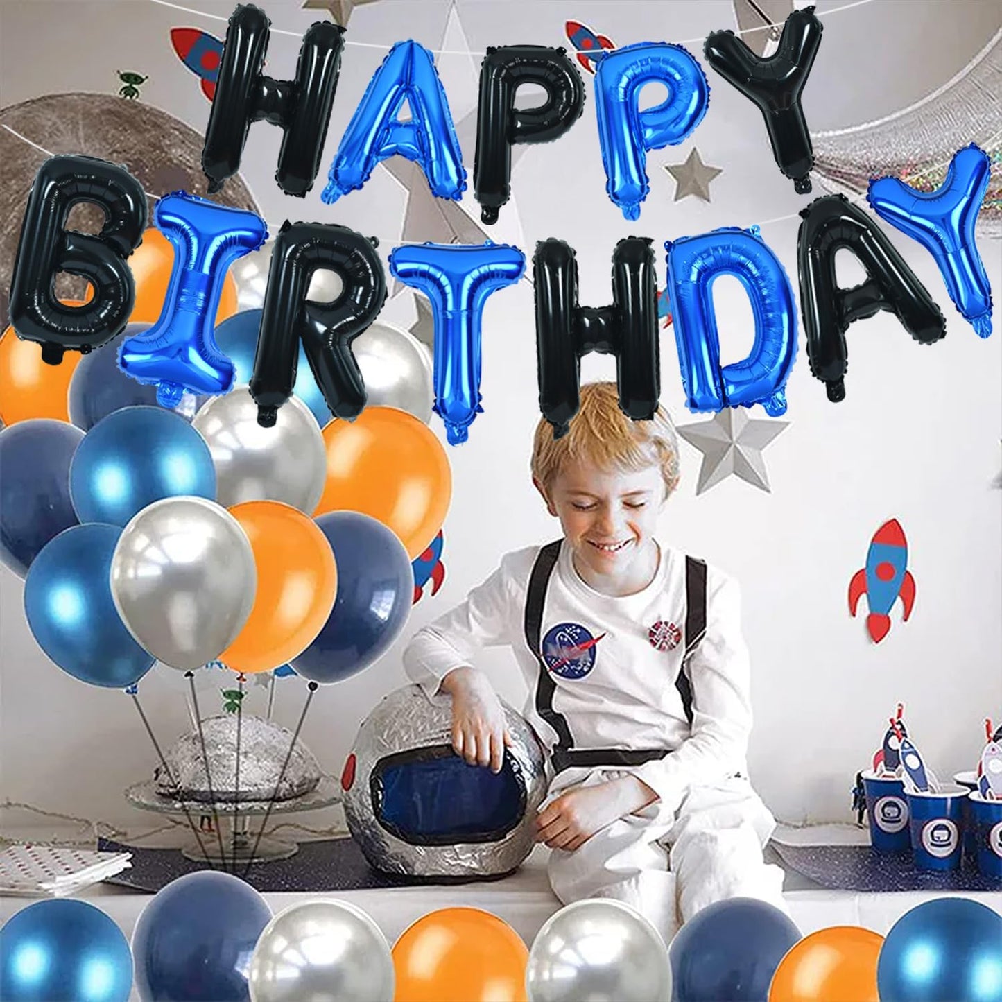 TONIFUL Happy Birthday Balloons Banner with Ribbon Straw, 16 Inch Mylar Letters Birthday Sign Banner Balloon Bunting Reusable for Girls Boys Kids & Adults Birthday Halloween Supplies(Black Blue)