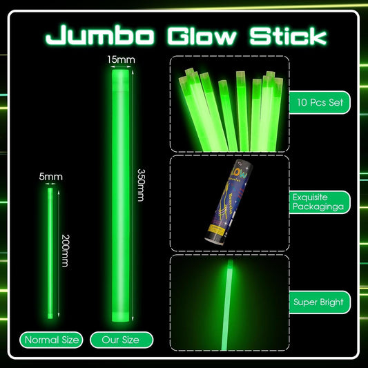 Lewtemi 10 Pcs Large Glow Sticks Big Giant Jumbo Halloween Christmas Emergency Light Stick for Camping Accessories, Survival Kit