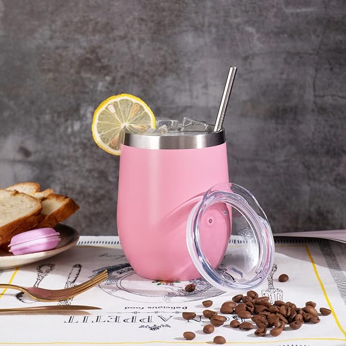 12 oz Insulated Wine Tumbler with Lid and Straw,Stainless Steel Stemless Wine Tumbler Double Wall Vacuum Wine Cups Tumbler Bulk for Coffee,Champaign,Cocktail,Office(Lavender/Cream/Pink/Baby blue)